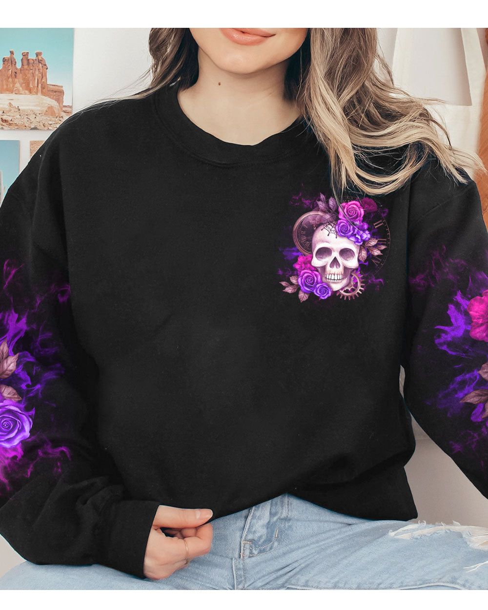 Warning This Tattooed Girl Skull Flowers Black Sweatshirt