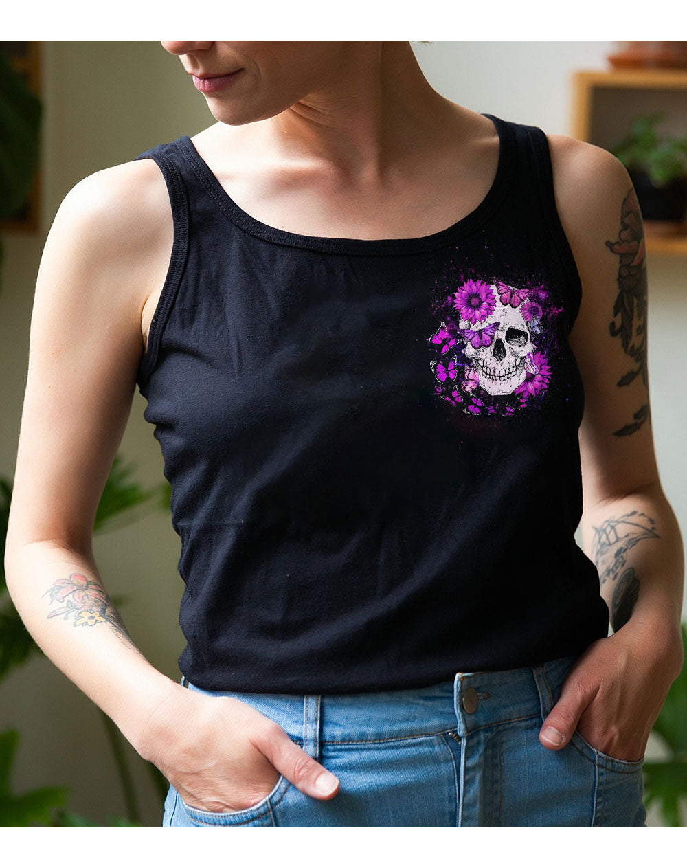 Don't Underestimate Me Skull Flower Black Tank Top