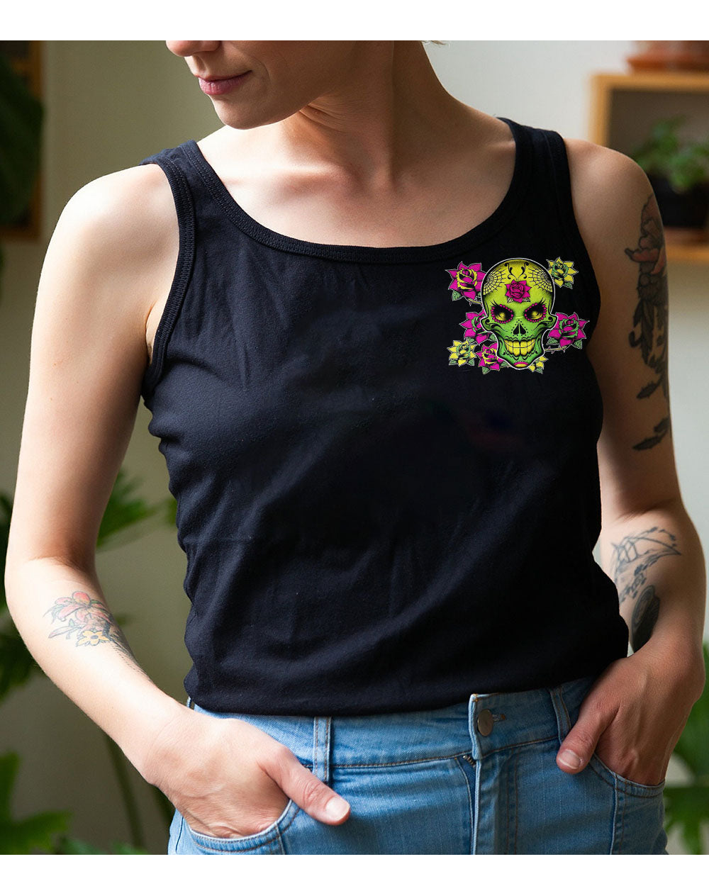 Warning This Tattooed Girl Flower Sugar Skull Tank Top