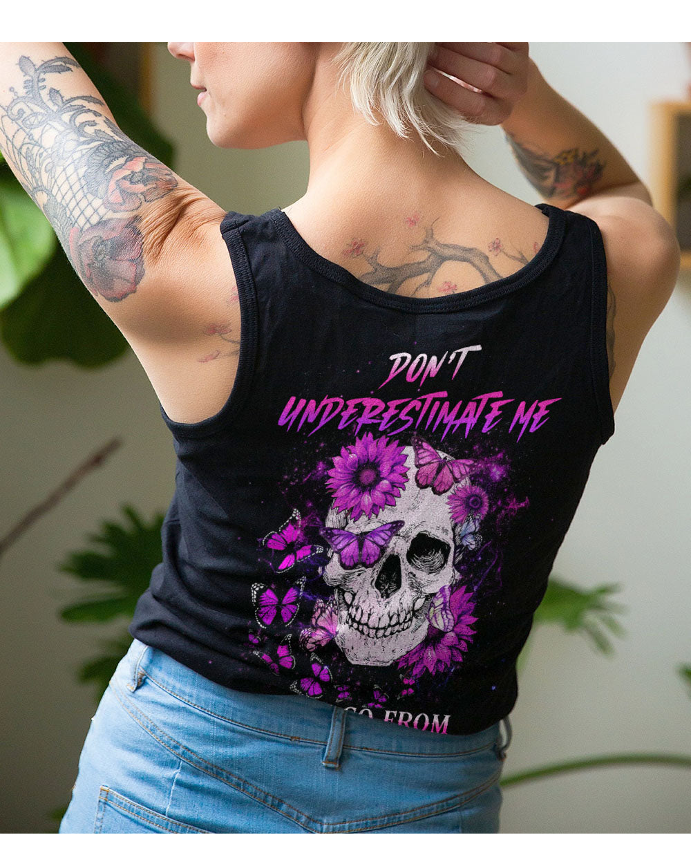 Don't Underestimate Me Skull Flower Black Tank Top