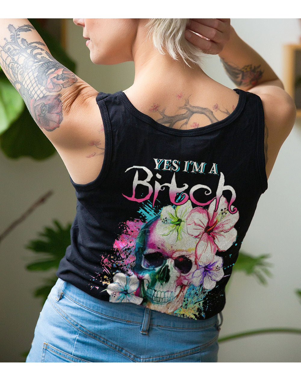 Yes I'm A B But Not Yours Skull Flower Black Tank Top