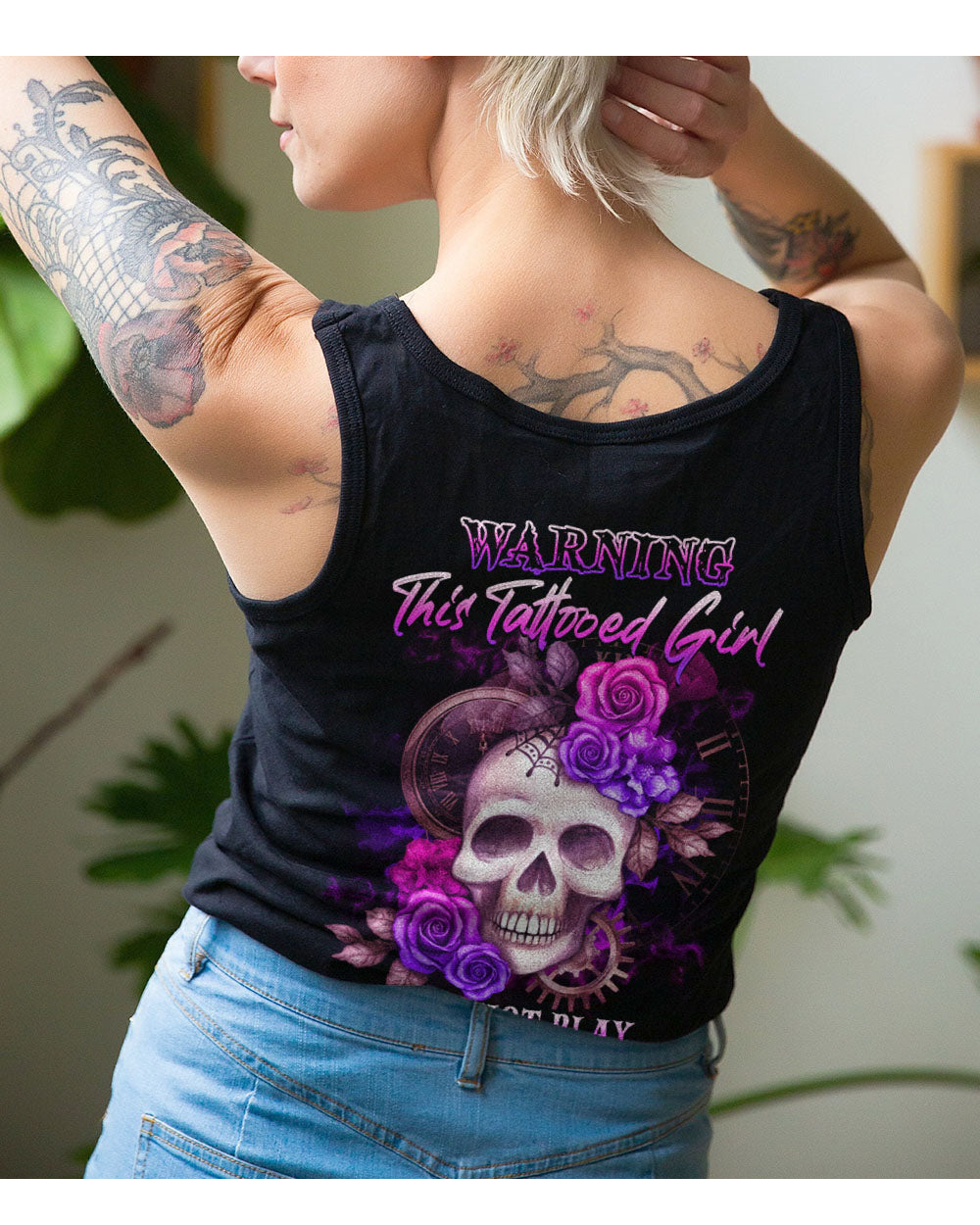 Warning This Tattooed Girl Skull Flowers Black Tank Top