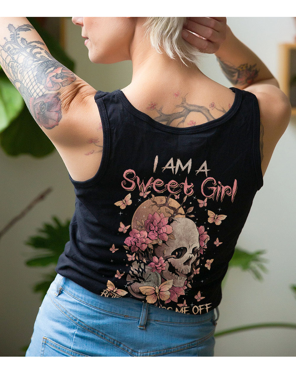 I Am A Sweet Girl Flower Skull Black Tank Top