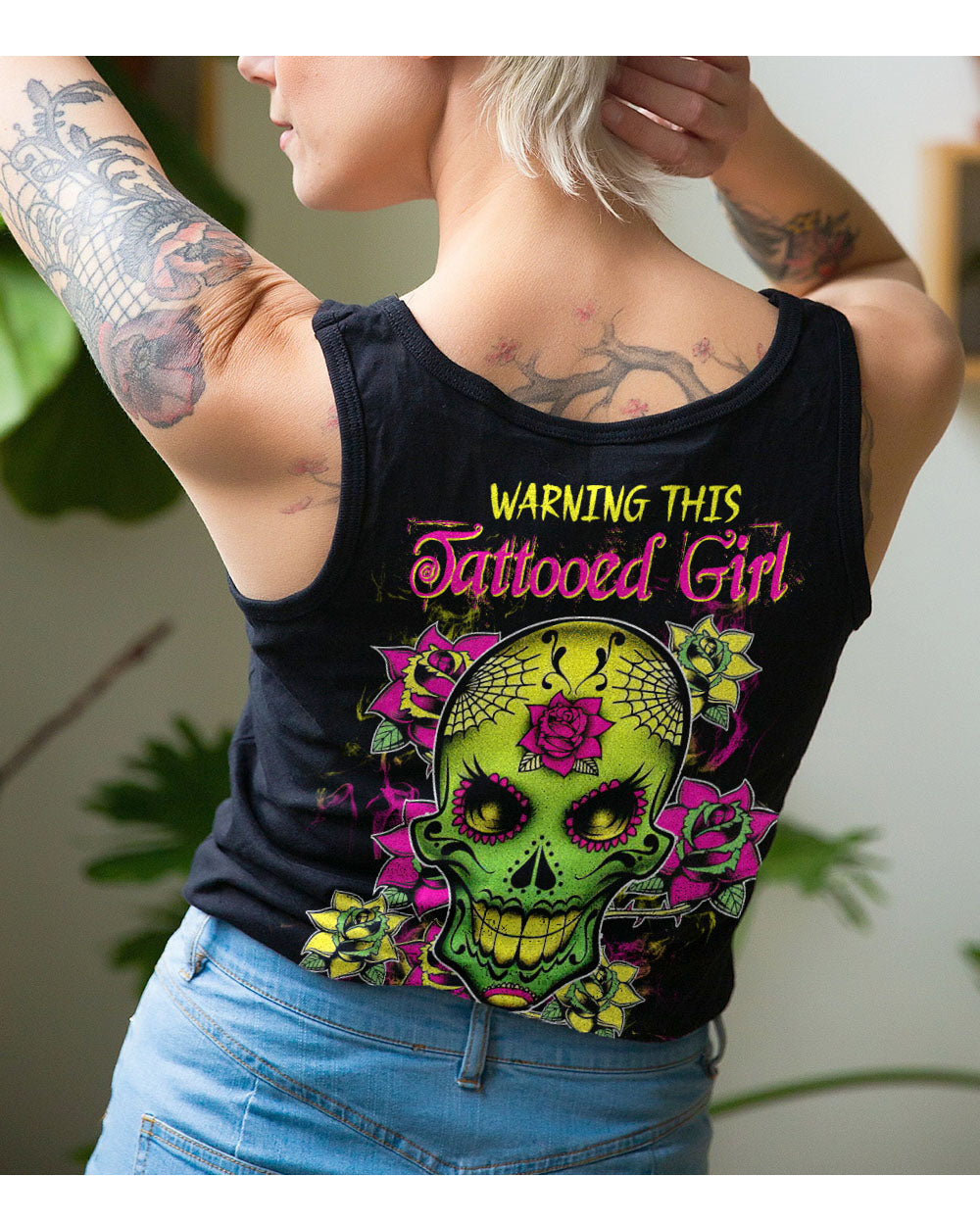 Warning This Tattooed Girl Flower Sugar Skull Tank Top