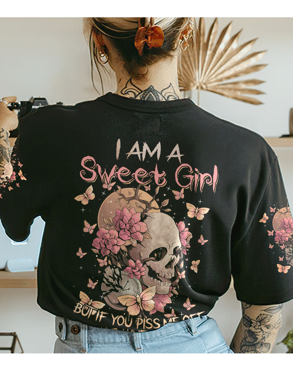 I Am A Sweet Girl Flower Skull Black T Shirt