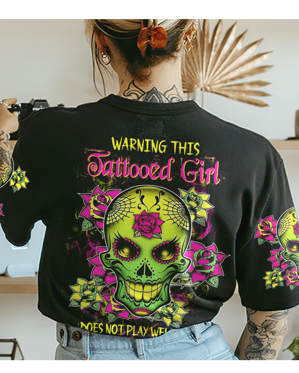 Warning This Tattooed Girl Flower Sugar Skull T Shirt