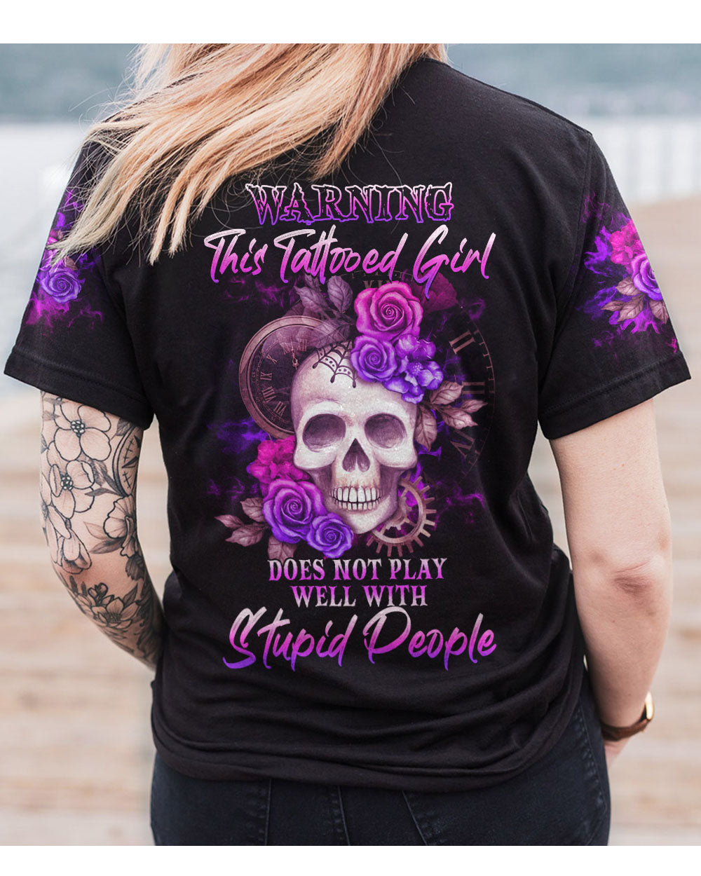 Warning This Tattooed Girl Skull Flowers Black T Shirt