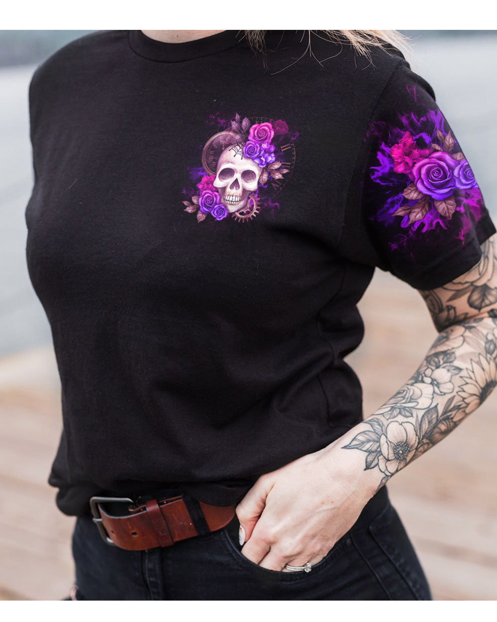 Warning This Tattooed Girl Skull Flowers Black T Shirt