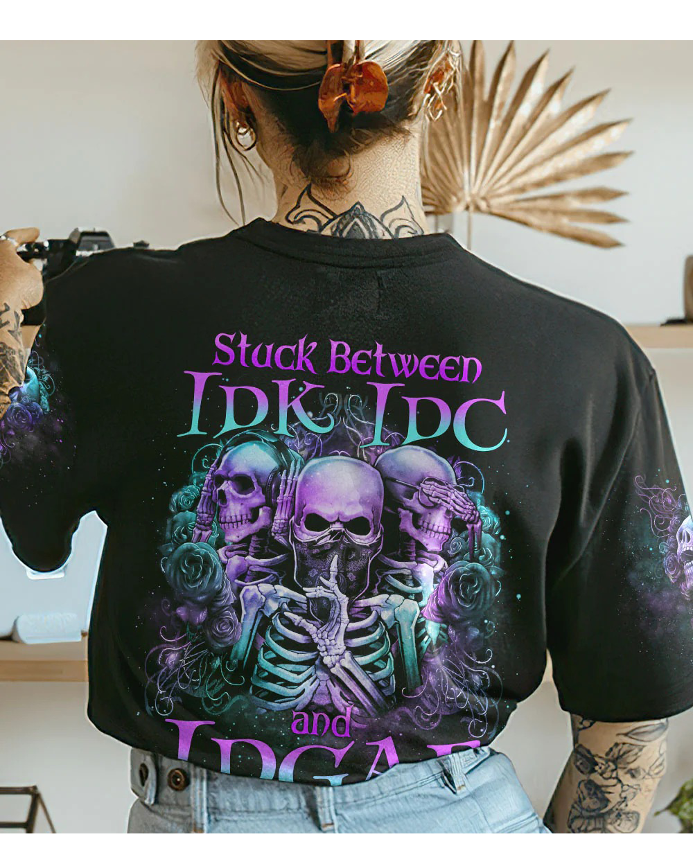 Stuck Between IDK IDC IDGAF Black Skull T Shirt