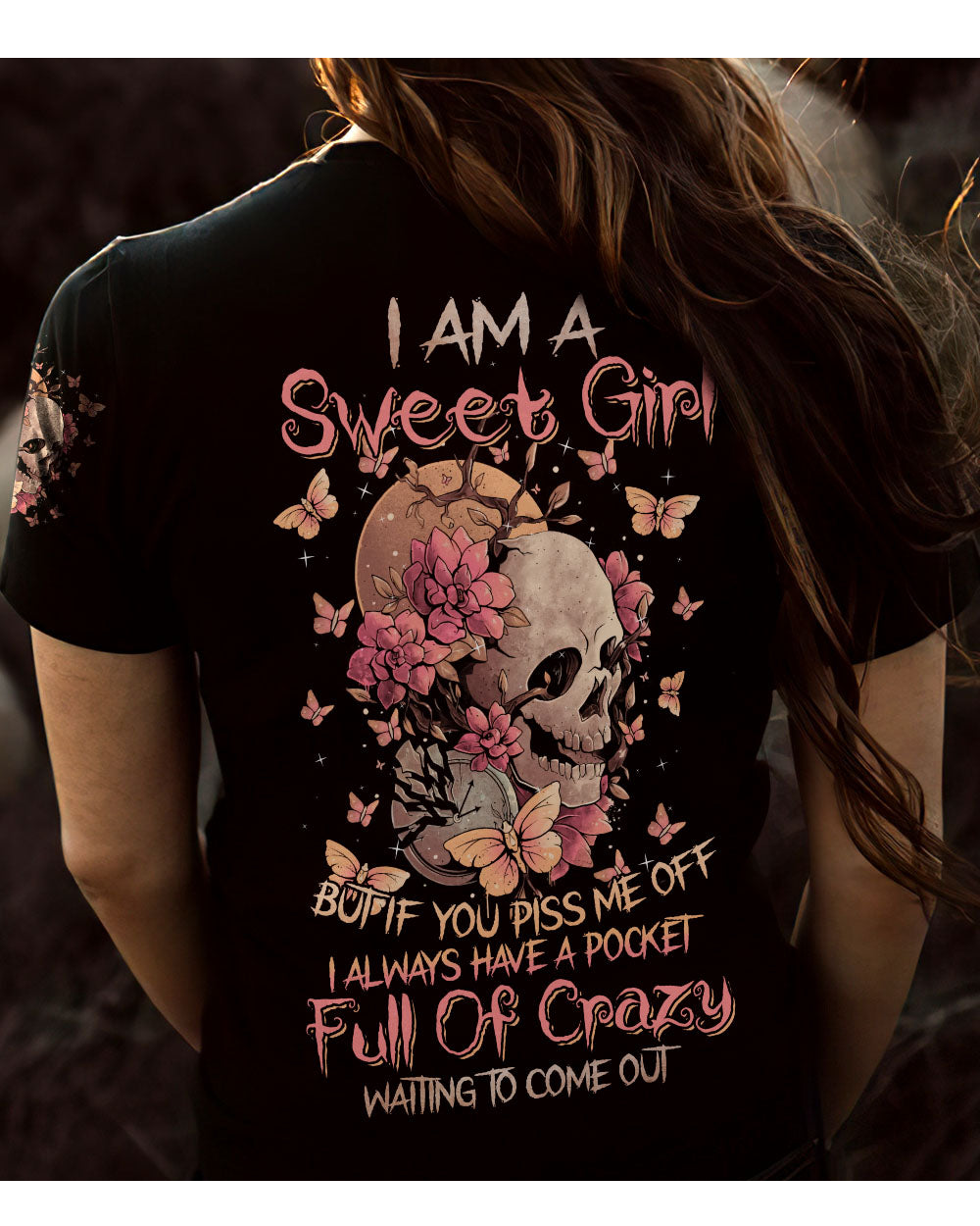 I Am A Sweet Girl Flower Skull Black T Shirt