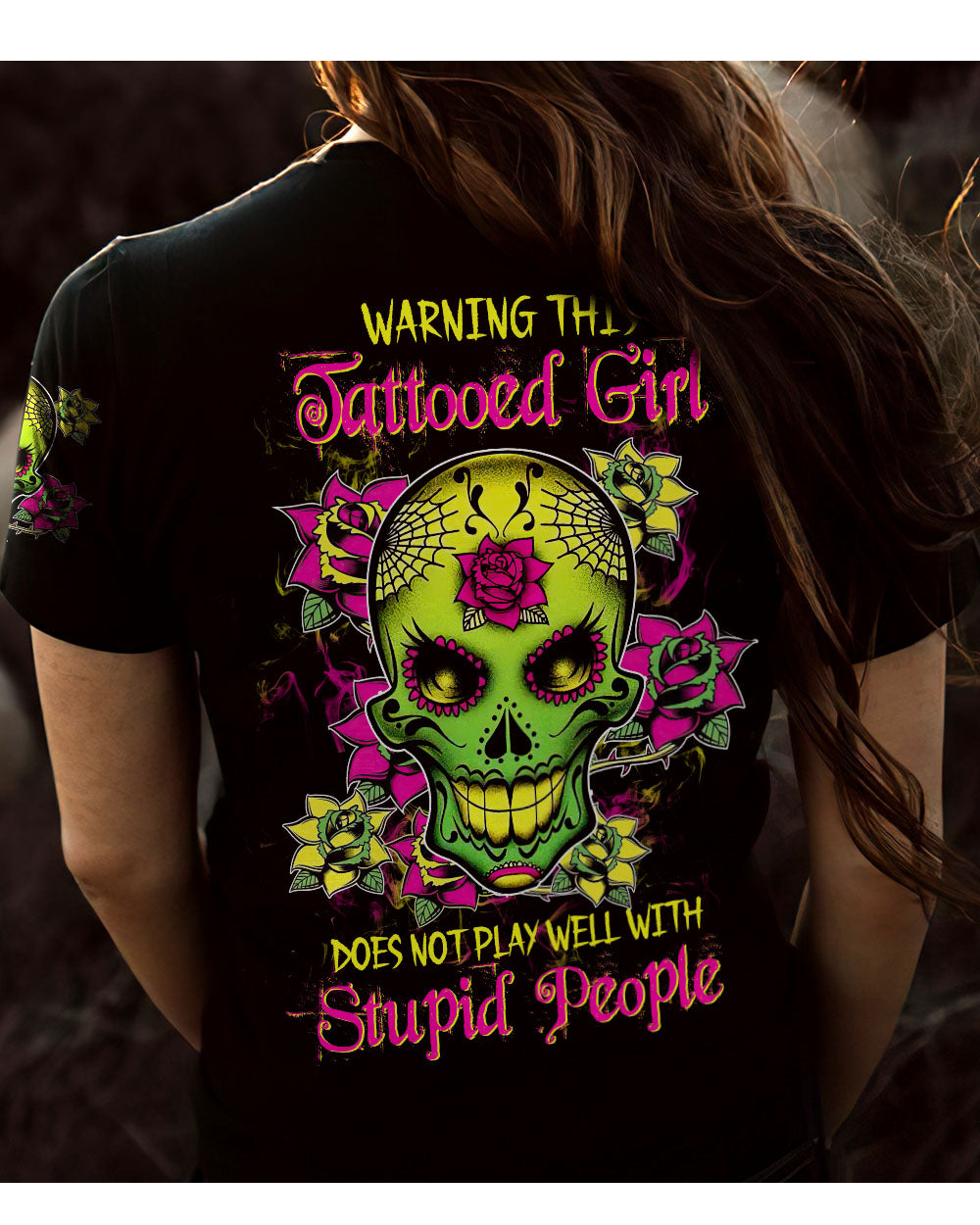 Warning This Tattooed Girl Flower Sugar Skull T Shirt