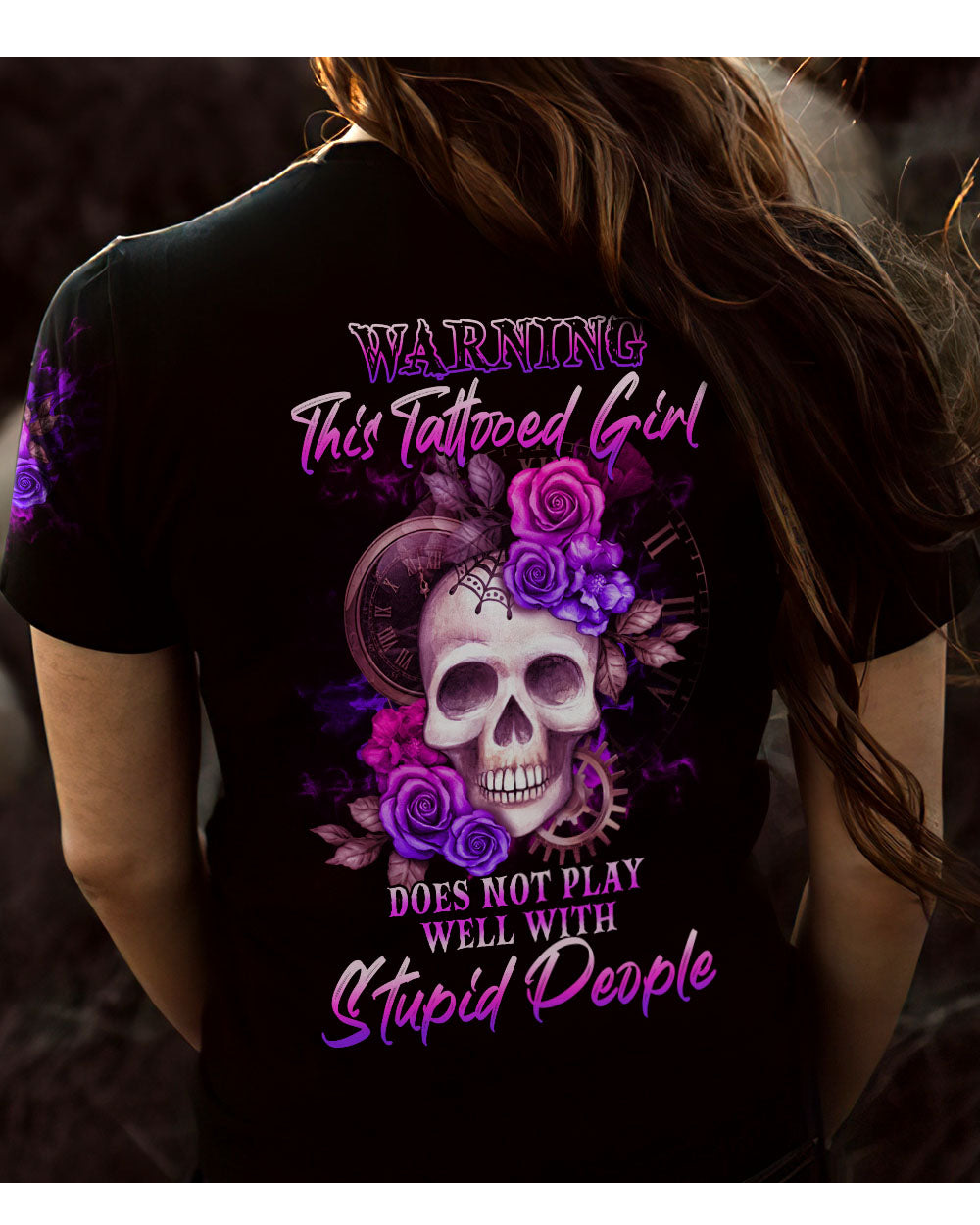 Warning This Tattooed Girl Skull Flowers Black T Shirt