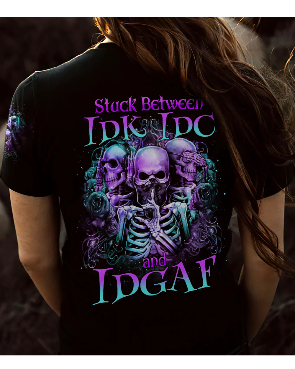 Stuck Between IDK IDC IDGAF Black Skull T Shirt