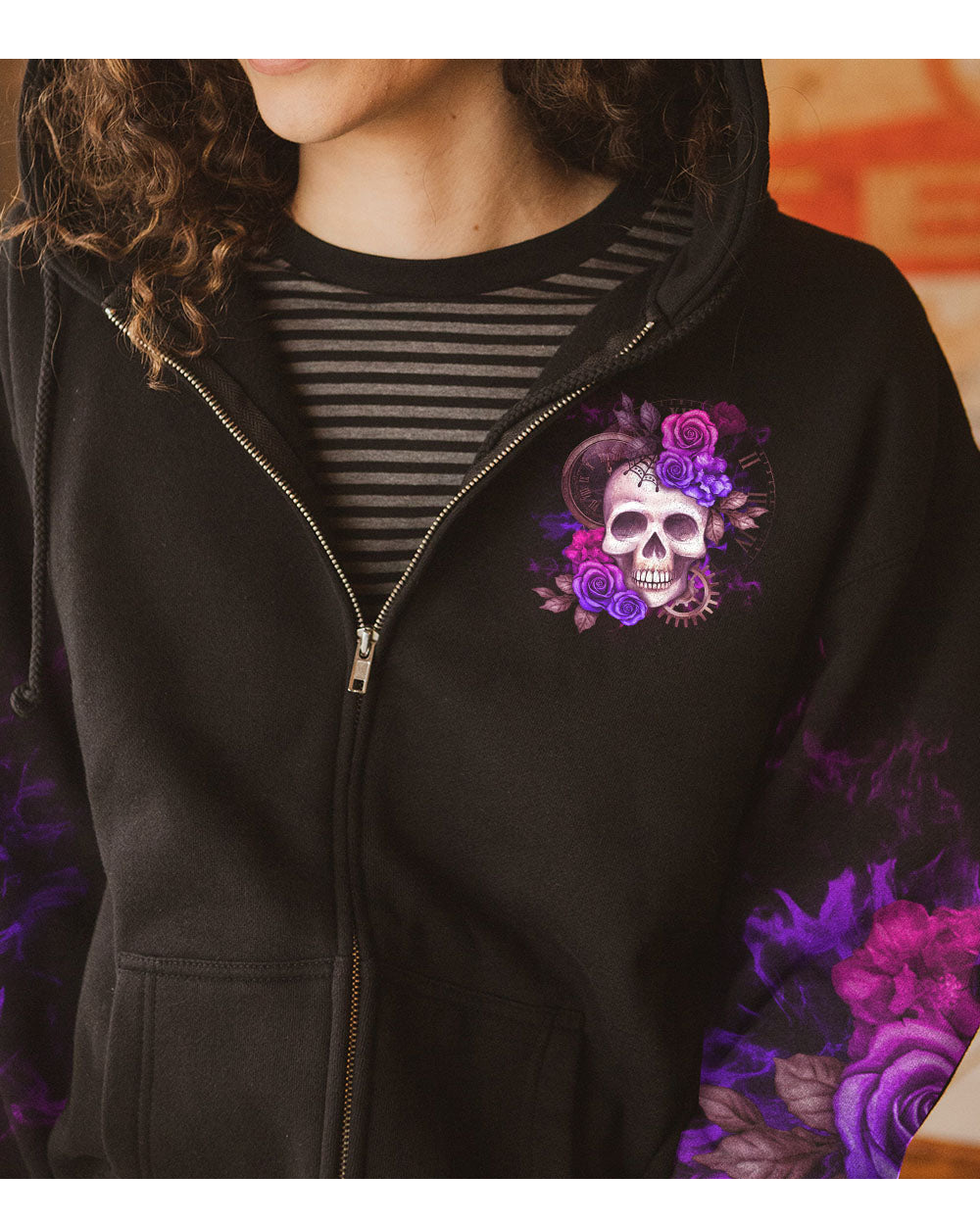 Warning This Tattooed Girl Skull Flowers Black Hoodie