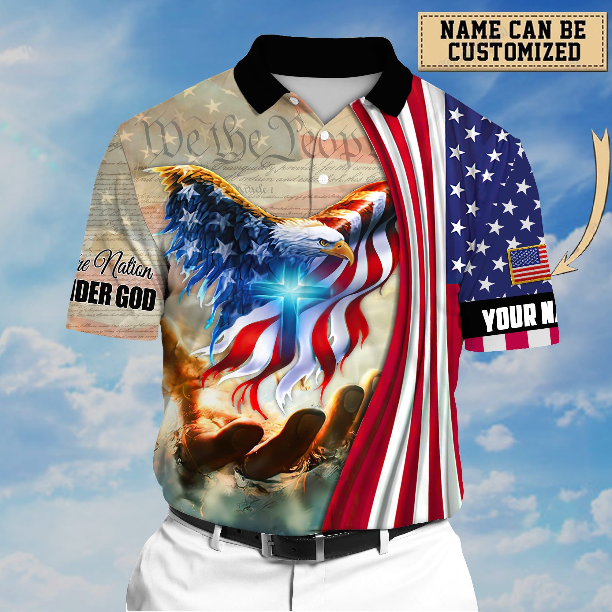 Premium Eagle One Nation Under God 3D Clothing Personalized Combo Polo Shirt And Cap