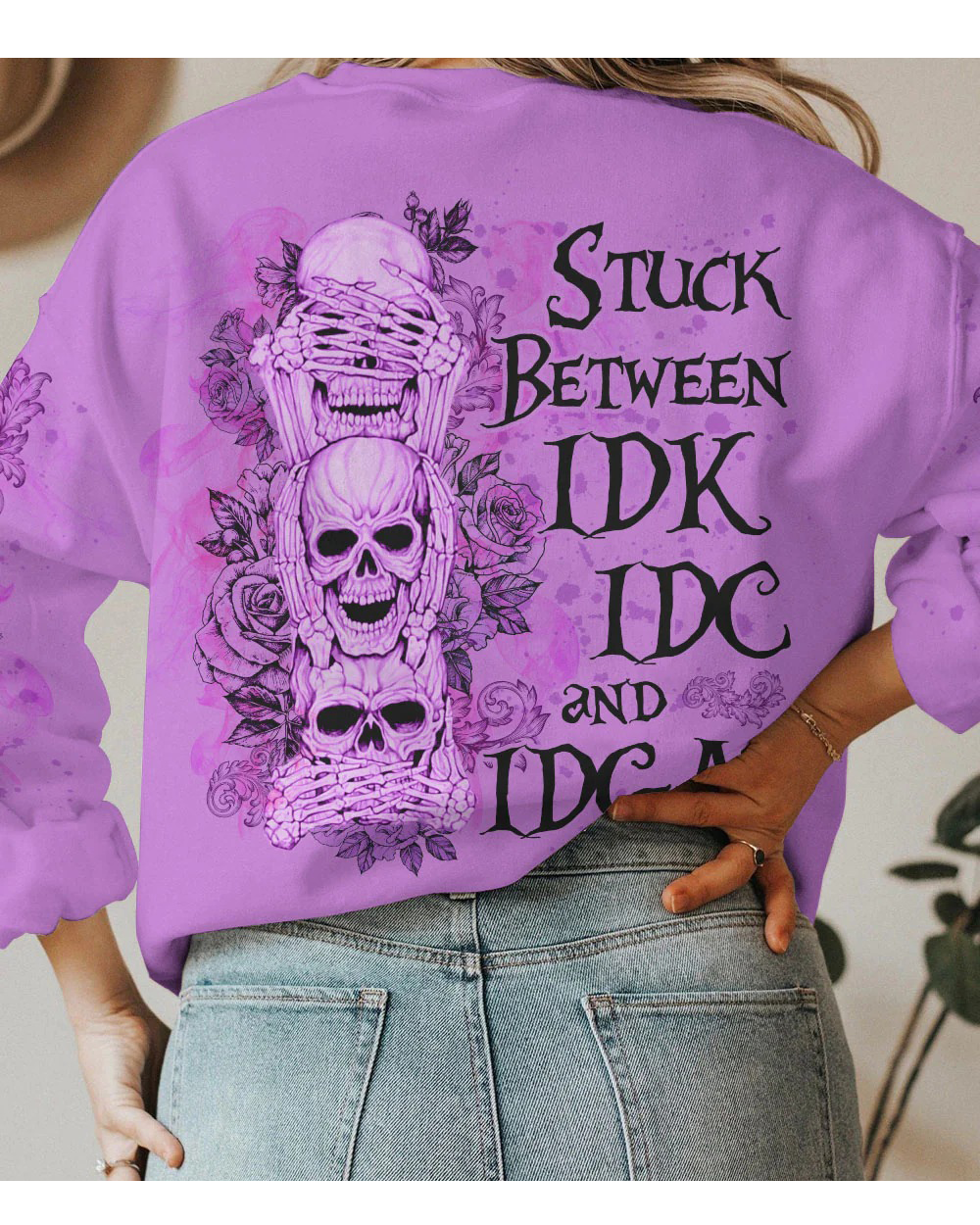 Stuck Between IDK IDC IDGAF Skull All Over Print Sweatshirt