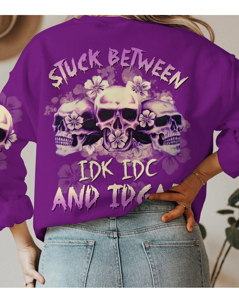 Stuck Between IDK IDC IDGAF Skull Purple All Over Print Sweatshirt