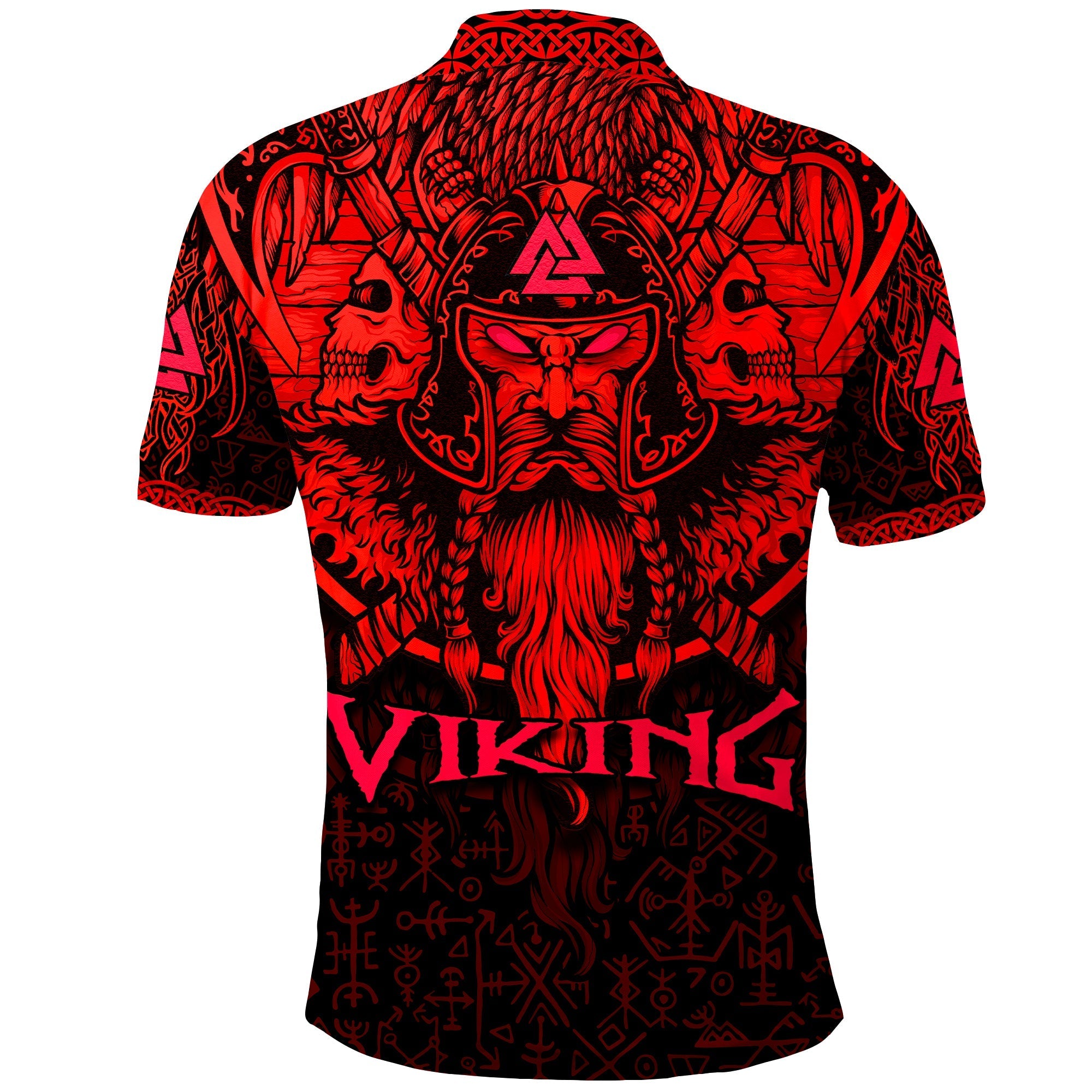 (Custom Personalised) Viking Odin Polo Shirt Celtic Knot Viking Head With Axes Magical Runes Signs Red Color LT14