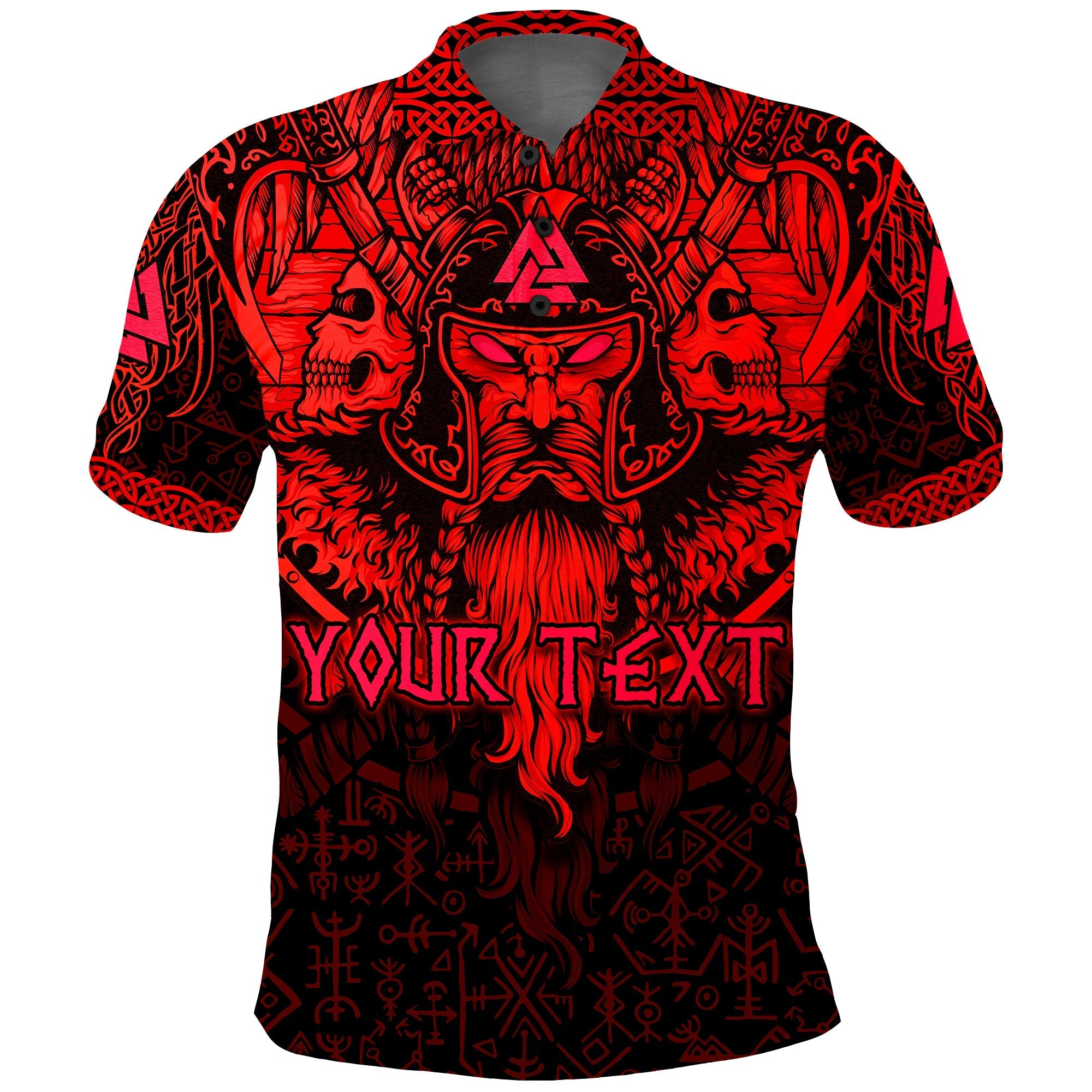 (Custom Personalised) Viking Odin Polo Shirt Celtic Knot Viking Head With Axes Magical Runes Signs Red Color LT14