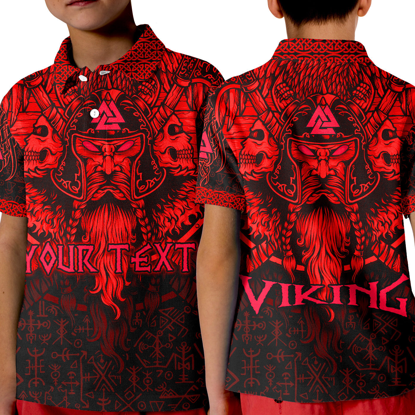 (Custom Personalised) Viking Odin Polo Shirt Celtic Knot Viking Head With Axes Magical Runes Signs Red Color LT14