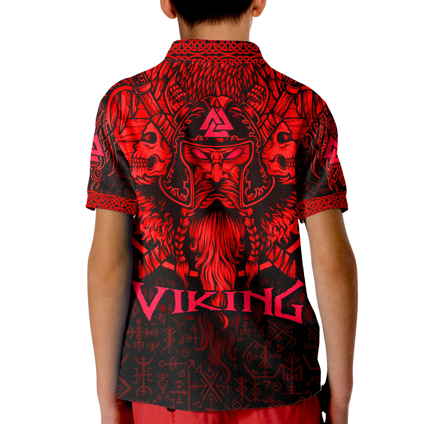 (Custom Personalised) Viking Odin Polo Shirt Celtic Knot Viking Head With Axes Magical Runes Signs Red Color LT14