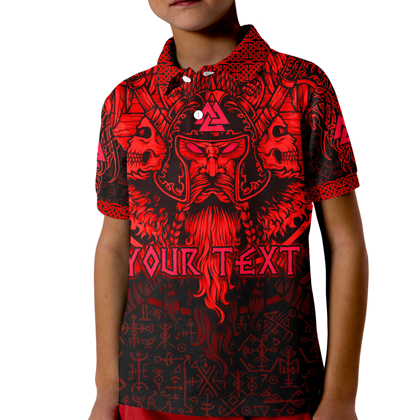 (Custom Personalised) Viking Odin Polo Shirt Celtic Knot Viking Head With Axes Magical Runes Signs Red Color LT14