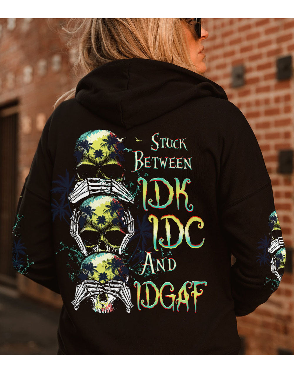 Stuck Between IDK IDC IDGAF Beach Skull Hoodie