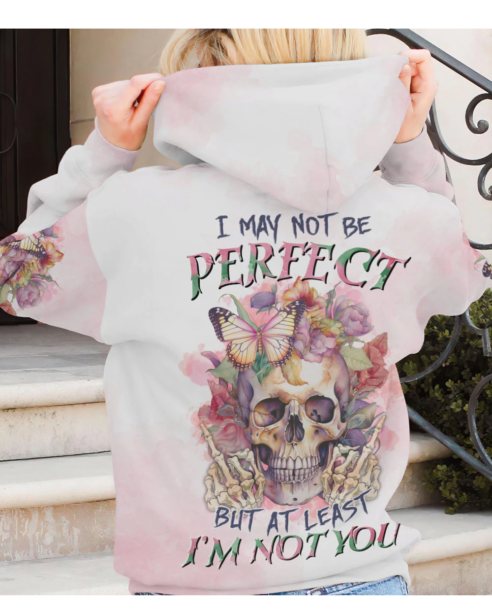 I May Not Perfect Watercolor Skull Floral Hoodie