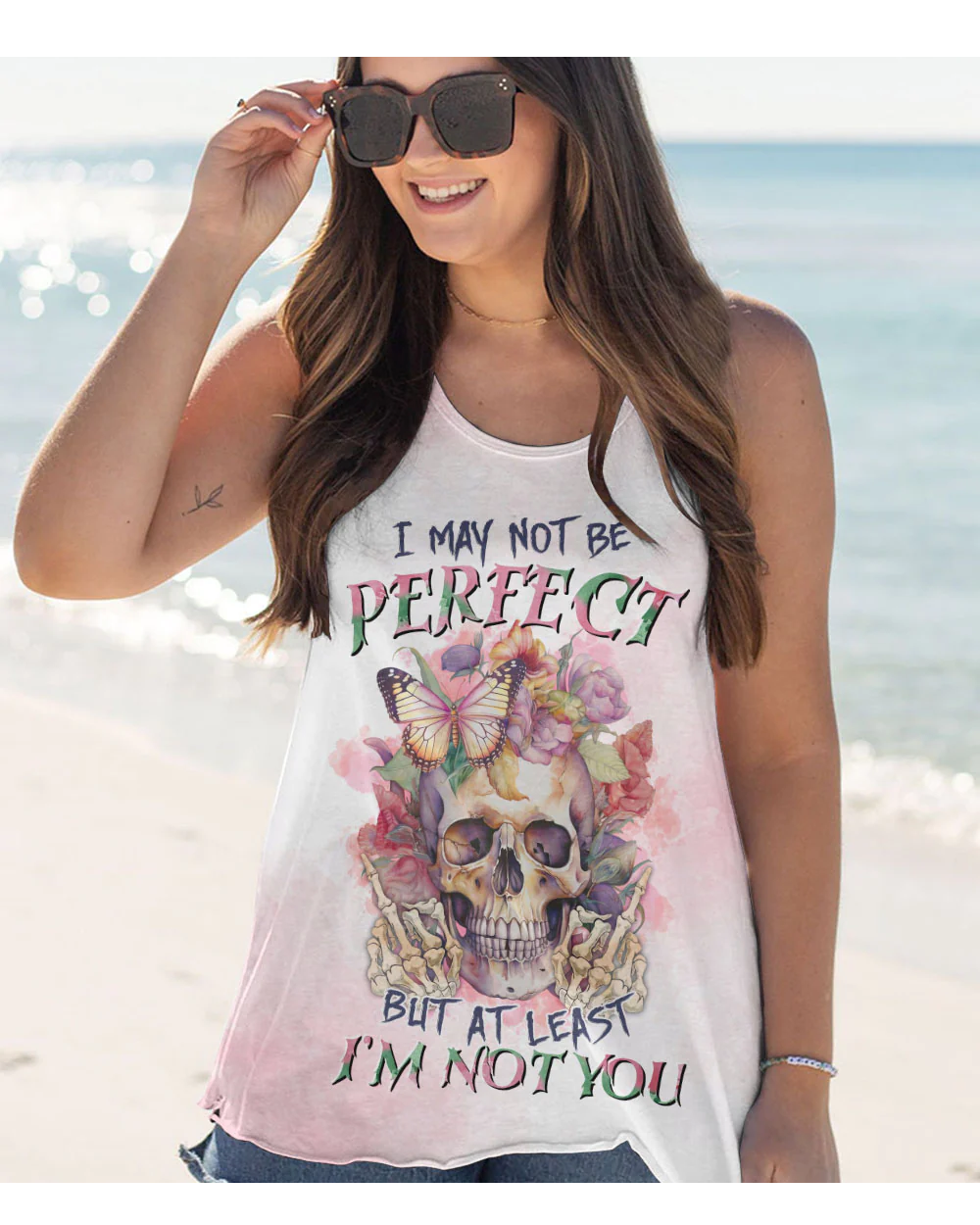 I May Not Perfect Watercolor Skull Floral Tank Top