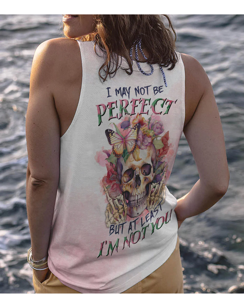 I May Not Perfect Watercolor Skull Floral Tank Top