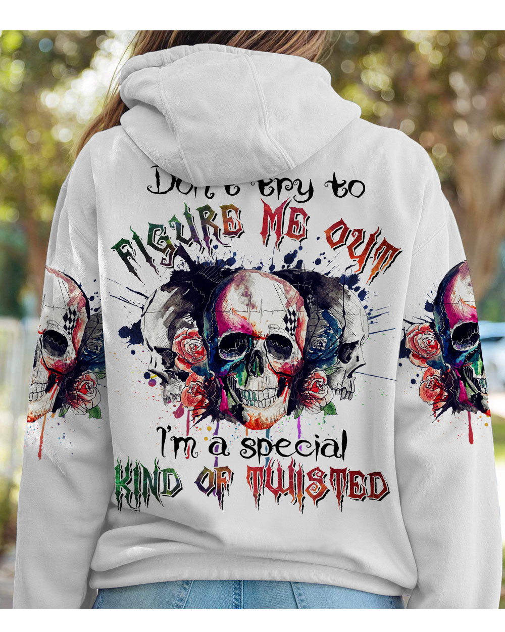 Don't Try To Figure Me Out Watercolor Skull Hoodie