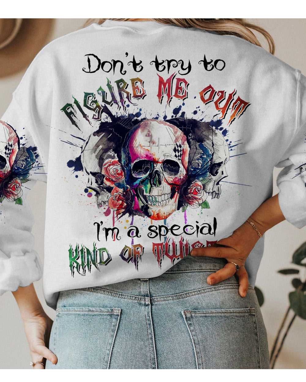 Don't Try To Figure Me Out Watercolor Skull Sweatshirt