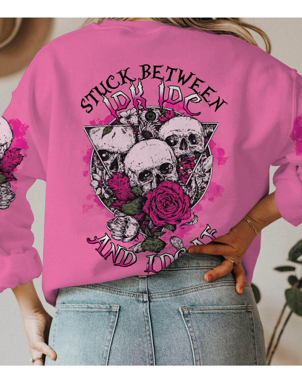 Stuck Between IDK IDC IDGAF Skull Roses All Over Print Pink Sweatshirt