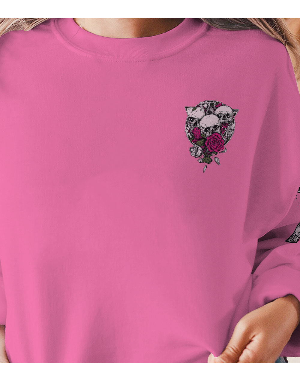 Stuck Between IDK IDC IDGAF Skull Roses All Over Print Pink Sweatshirt