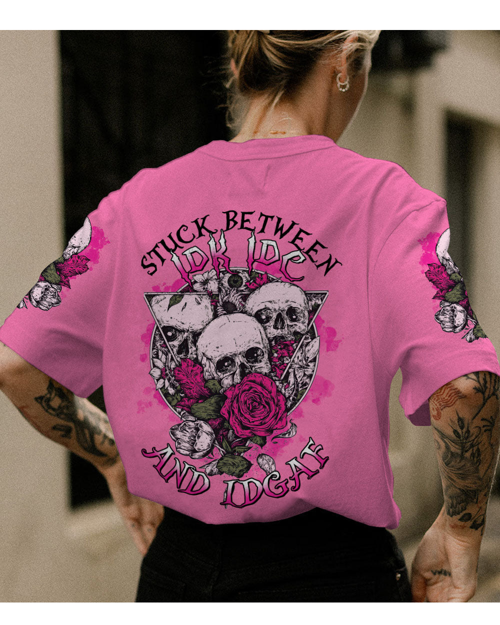 Stuck Between IDK IDC IDGAF Skull Roses Pink T Shirt