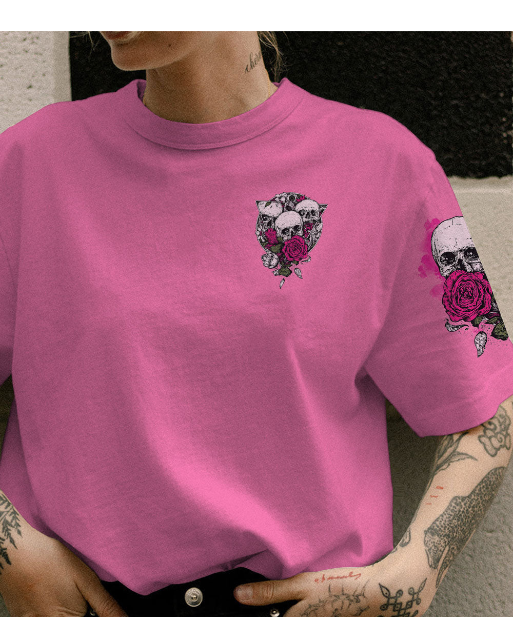 Stuck Between IDK IDC IDGAF Skull Roses Pink T Shirt