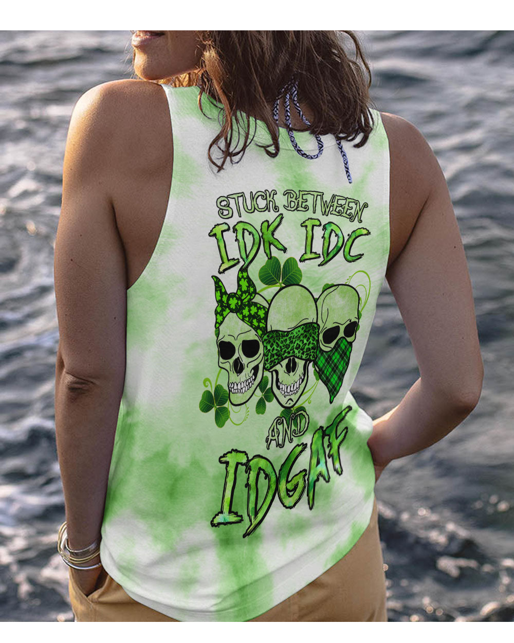 Stuck Between IDK IDC IDGAF Skull Green Tank Top