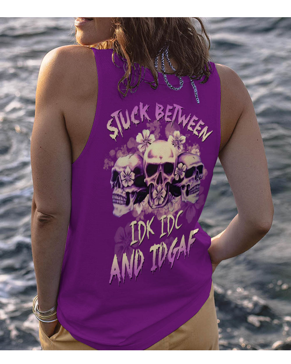 Stuck Between IDK IDC IDGAF Skull Purple Tank Top