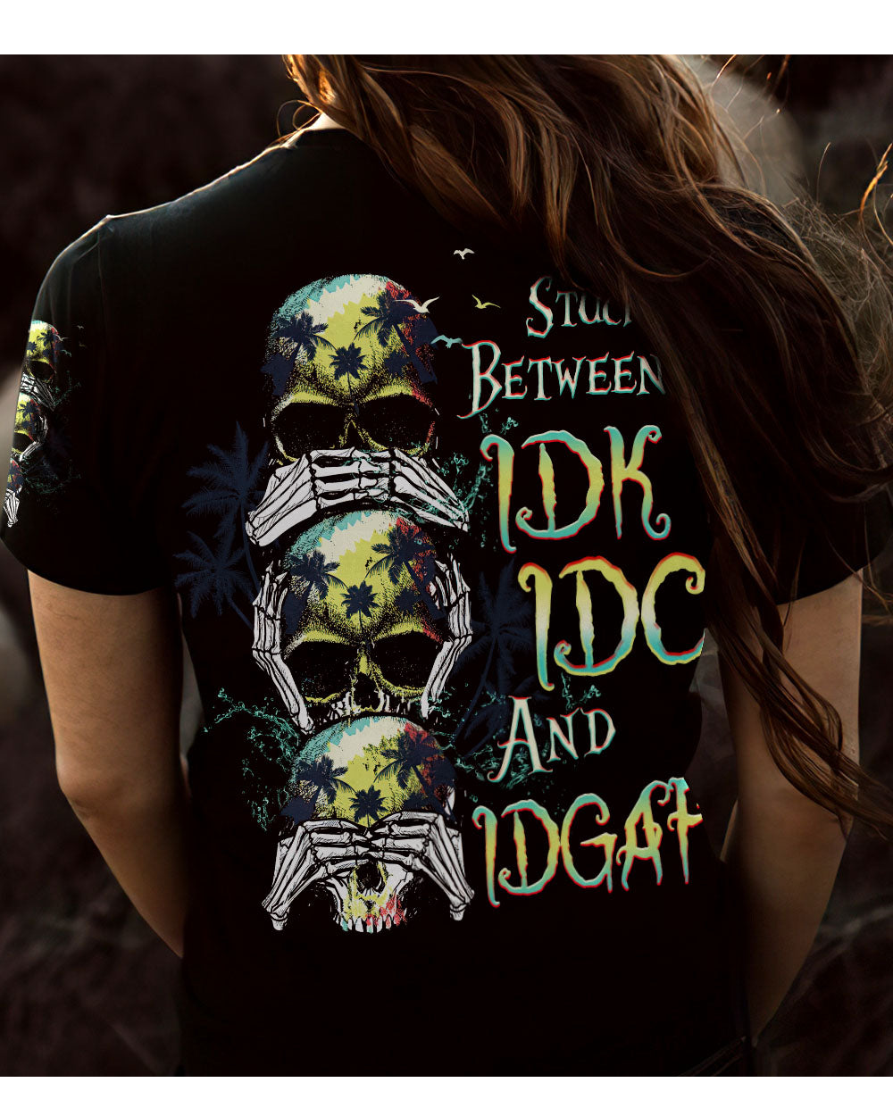 Stuck Between IDK IDC IDGAF Beach Skull T Shirt