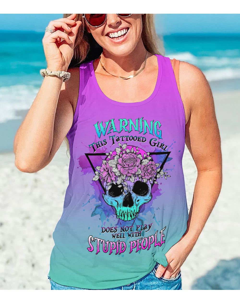 Warning This Tattooed Girl Floral Skull Tank Top