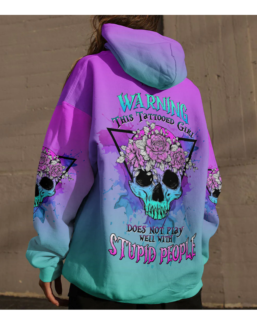 Warning This Tattooed Girl Floral Skull Hoodie