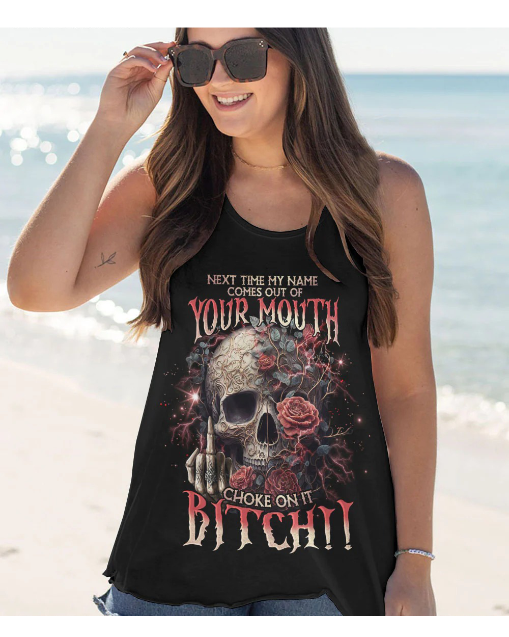 Next Time My Name Comes Out Of Your Mouth Roses Skull Tank Top