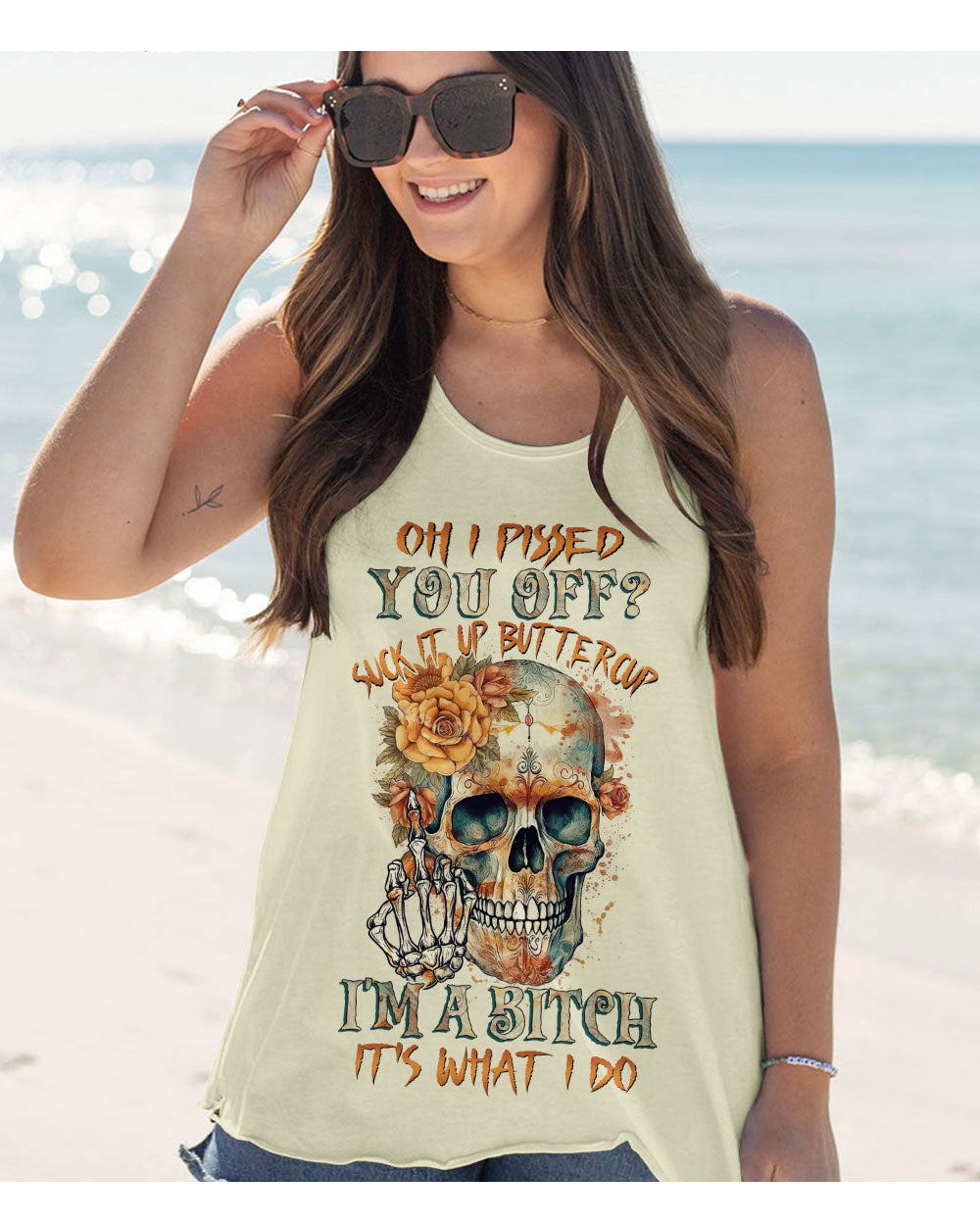 Oh I Piss You Off Skull Flowers Tank Top