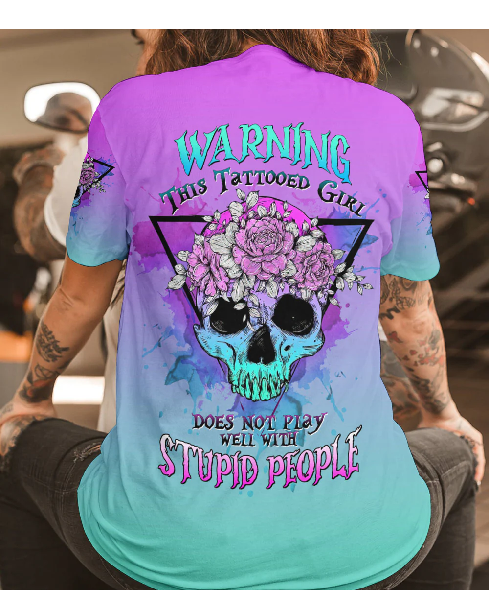 Warning This Tattooed Girl Floral Skull T Shirt