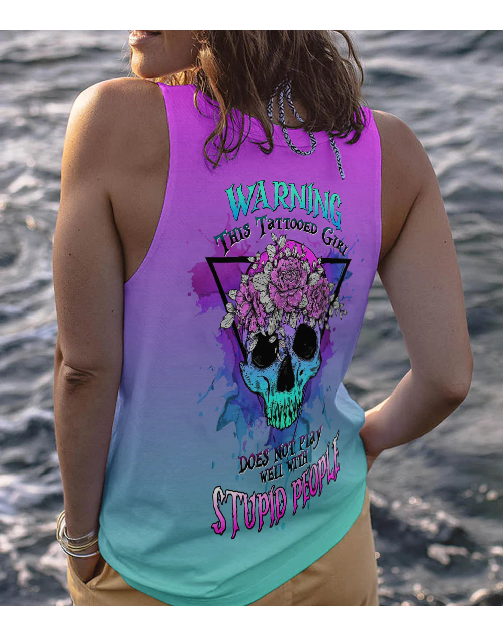 Warning This Tattooed Girl Floral Skull Tank Top