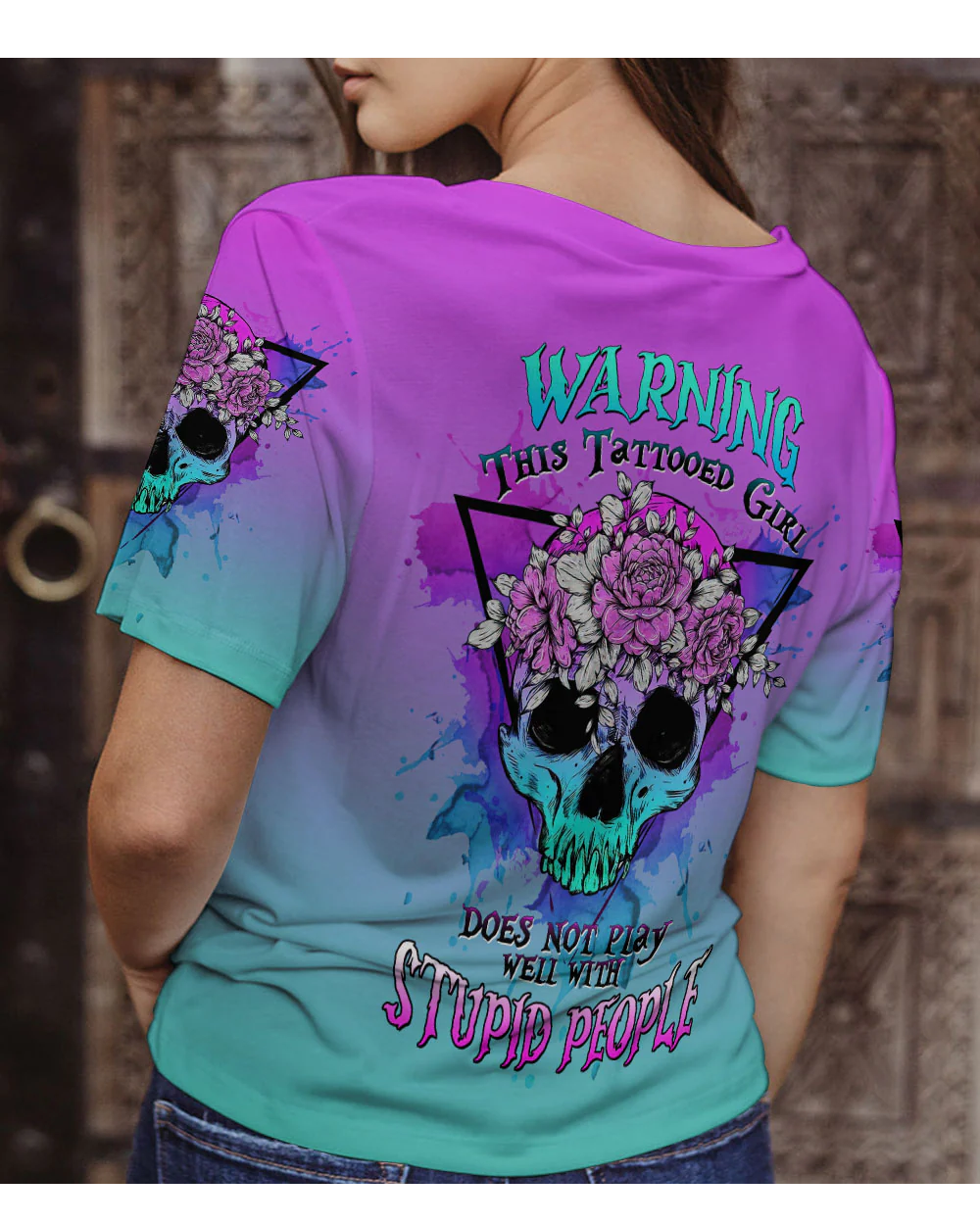 Warning This Tattooed Girl Floral Skull T Shirt