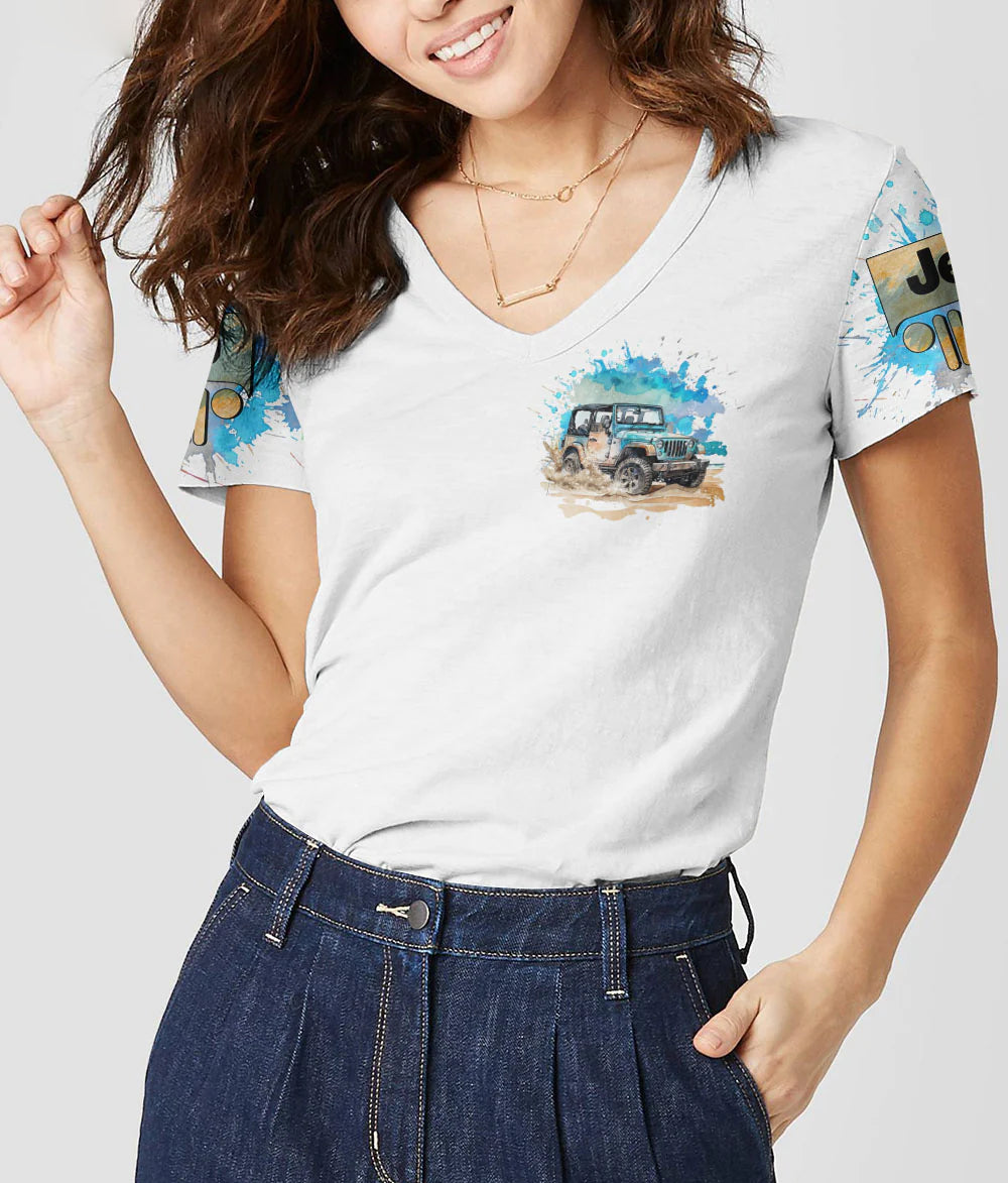 muddy-jeep-girls-like-it-dirty-watercolor-women-v-neck-t-shirt