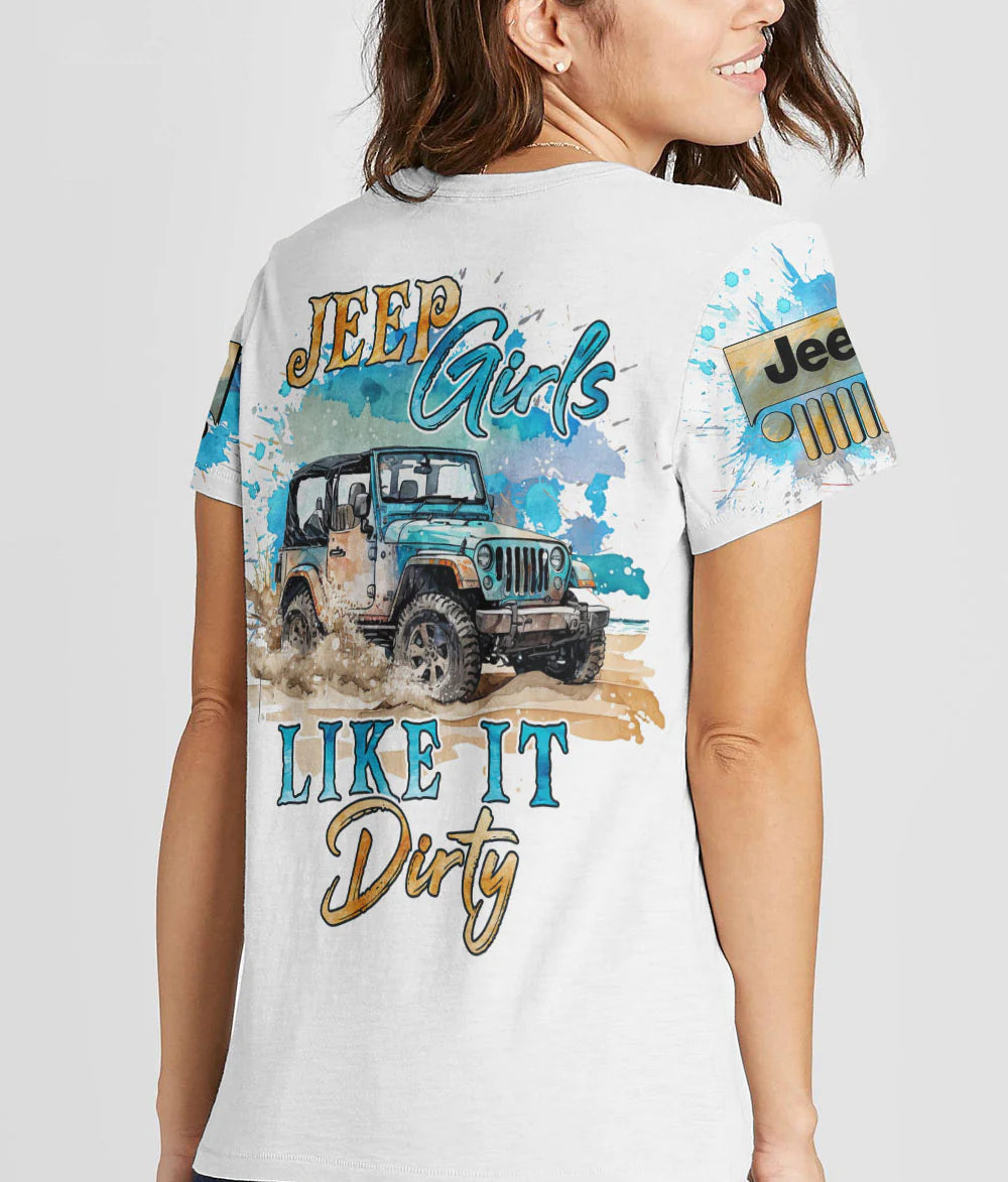 muddy-jeep-girls-like-it-dirty-watercolor-women-v-neck-t-shirt