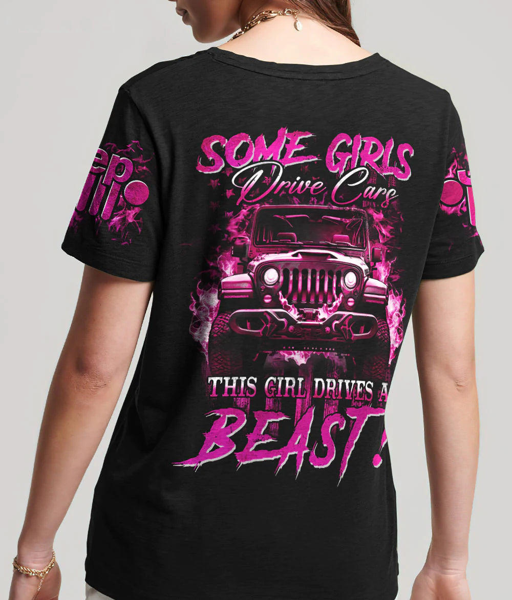 this-girl-drives-a-beast-fire-pink-jeep-women-v-neck-t-shirt