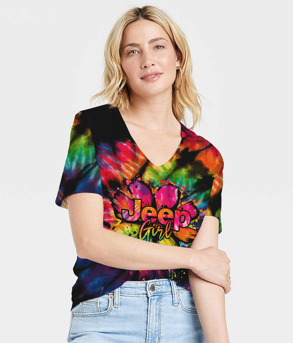 jeep-girl-dog-daisy-tie-dye-women-v-neck-t-shirt